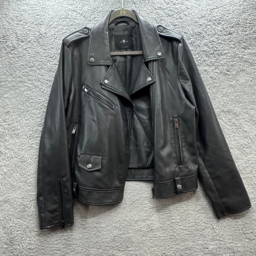 7 For All Mankind Women's Large Faux Leather Moto Jacket Full Zip Soft Comfort